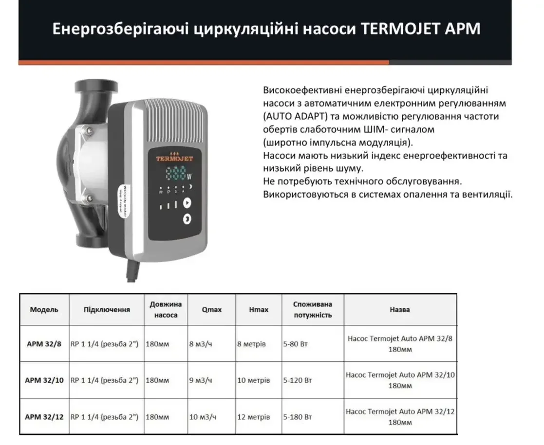 Циркуляційний насос Termojet APM AUTO 32-100x180, фірмові циркуляційні насоси для опалення
