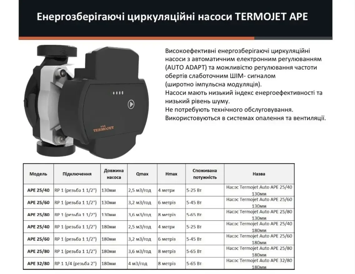 Насос циркуляційний Termojet AUTO АРЕ 25/40/130 мм