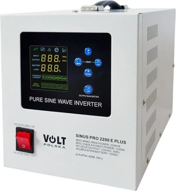 Перетворювач напруги 12V / 230V Volt Polska Sinus PRO 2200 E PLUS (2200 ВА / 1400 Вт) з зарядним пристроєм та AVR