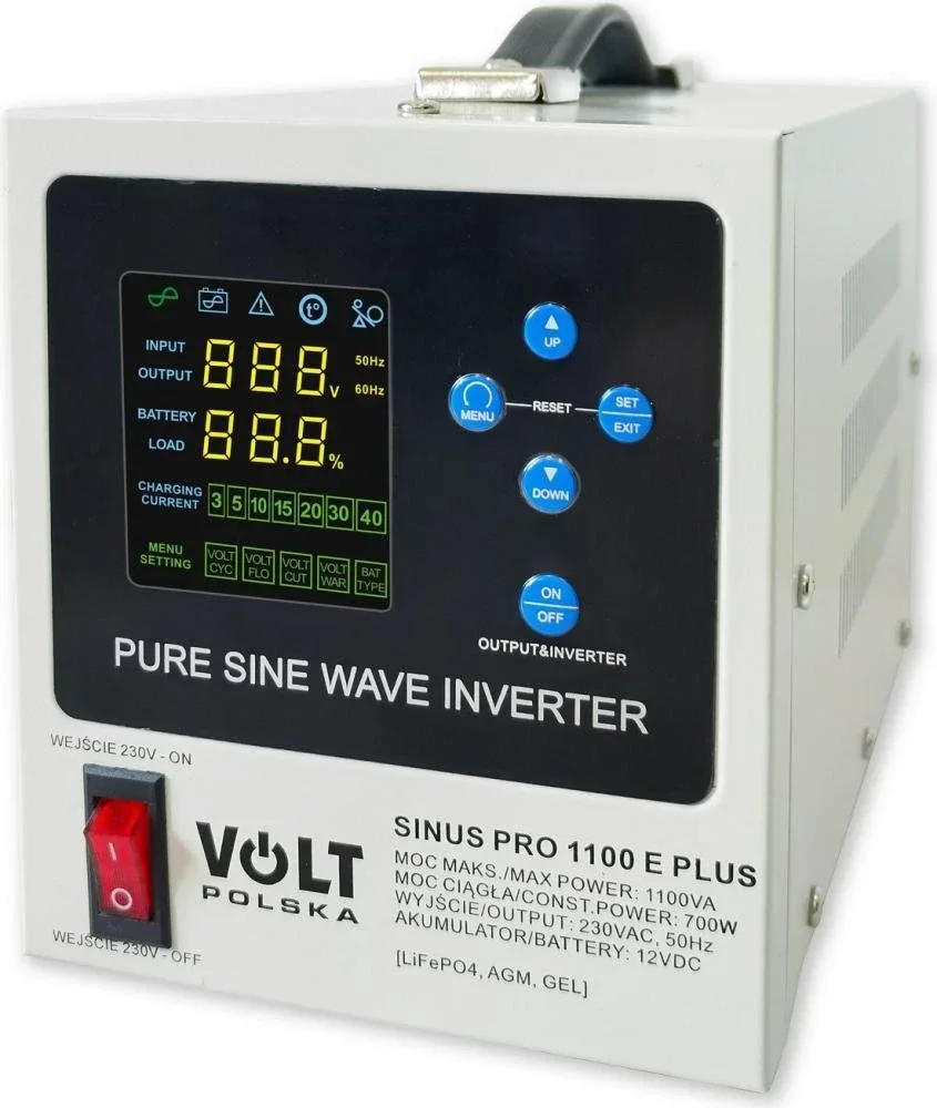 Перетворювач напруги 12V / 230V Volt Polska Sinus PRO 1100 E PLUS (1100 ВА / 800 Вт) з зарядним пристроєм та AVR