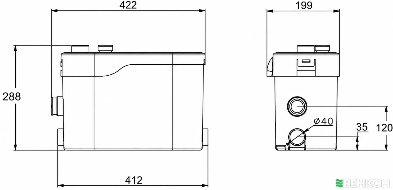 TermojetTM WT400C — каналізаційна насосна станція без входу для унітаза (400W, Hmax = 8 m, Qmax=7,5m3/h)
