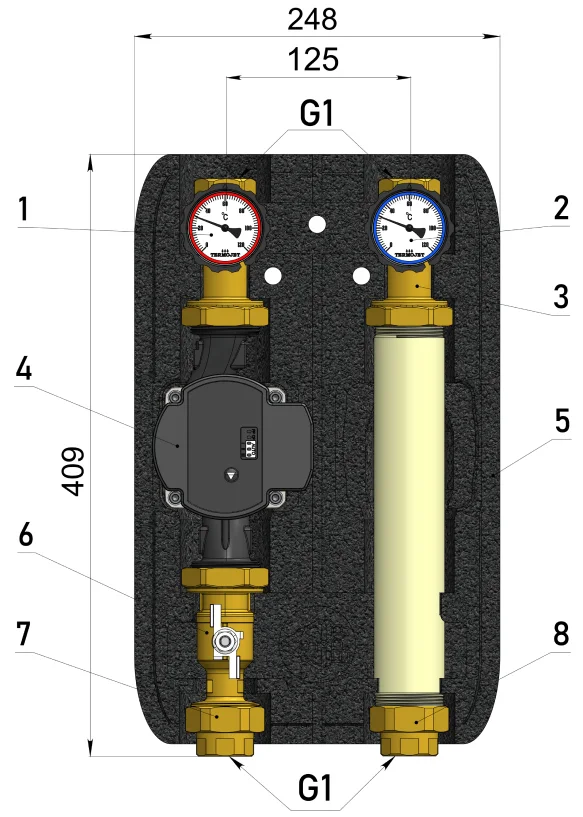 Насосна група пряма Termojet НГ - 47 EPP BLACK DN25 без насосу